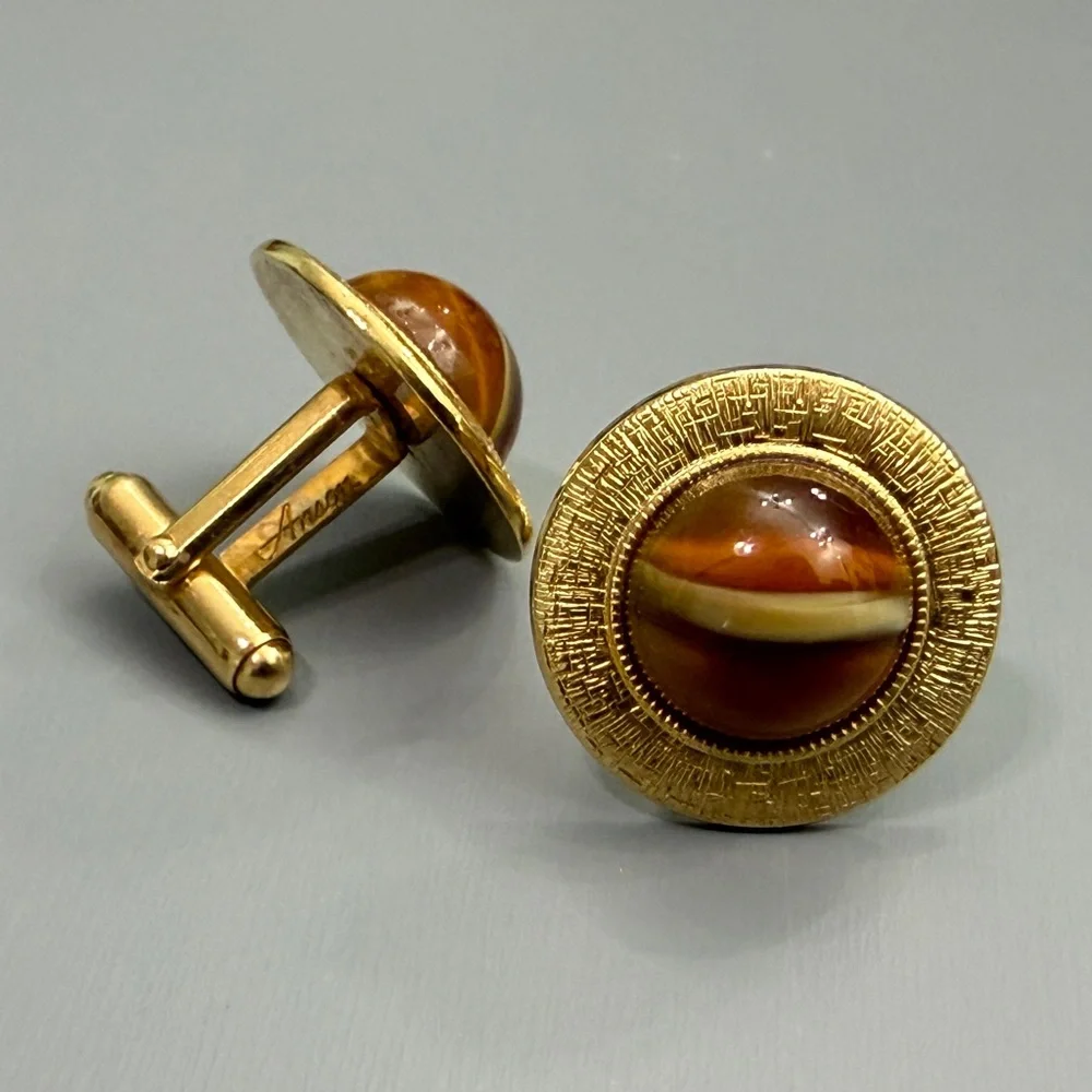 Vintage Anson Gold Saturn Greek Key Textured Cufflinks With Tiger's Eye Glass